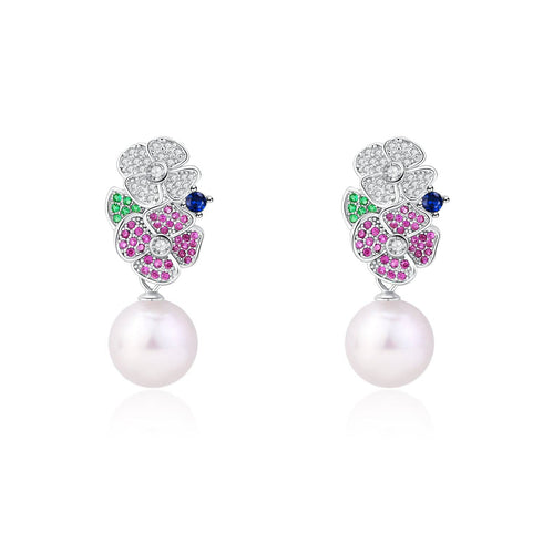 10-11mm Freshwater Pearl & Color Floral Earrings - House Of Pearls